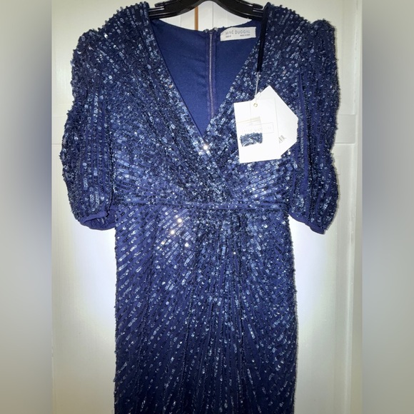 NWT|Mac Duggal Midnight Navy Sequined V-Neck Short Puff Sleeve Midi Dress Size 8 - Picture 6 of 9